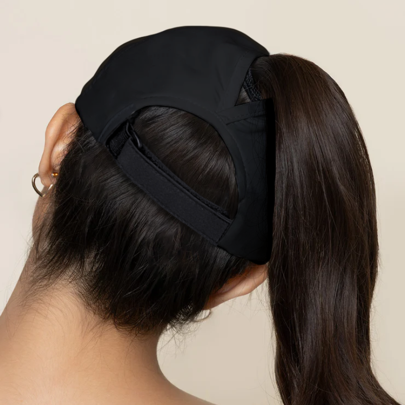 6455WR-PT-BLK - Water Resistant Ponytail Cap Black Adjustable Fit