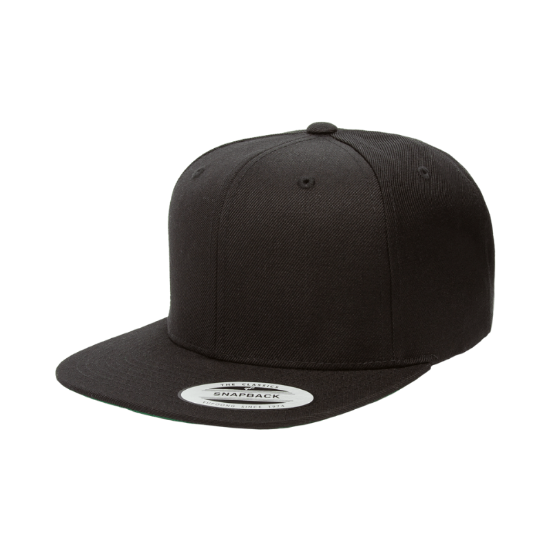 6089M-BLK Classic Snapback Black Flat Peak Cap Adjustable Fit