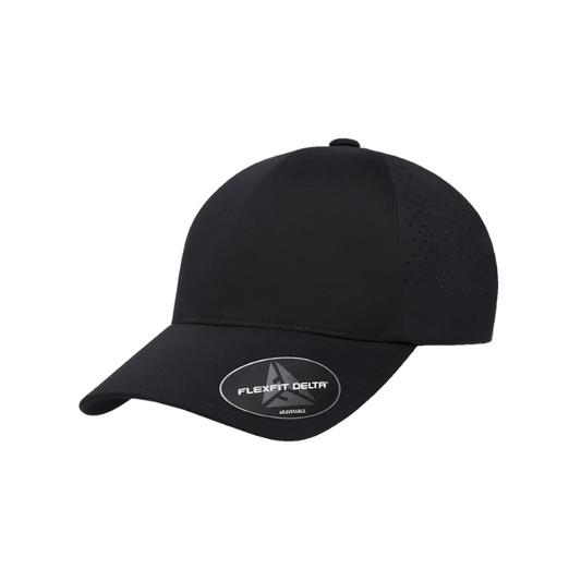 DELTA-PERF-ADJSTRAP-BLK Delta Black Perforated Cap with Webbing Strap and Clip Adjustable  Fit