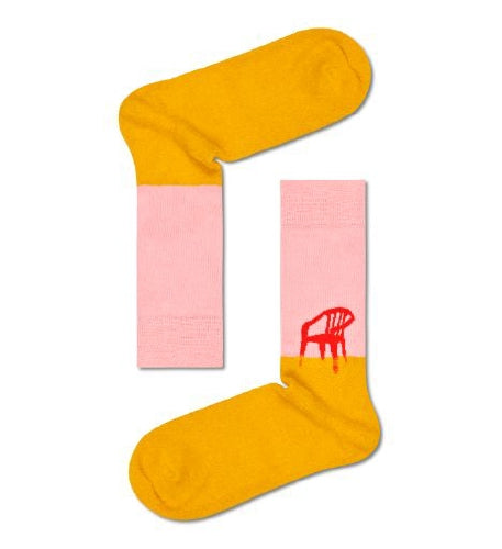 Pink and Yellow Fluffy Sock With a Red Chair Adult Sock Size (36-40)